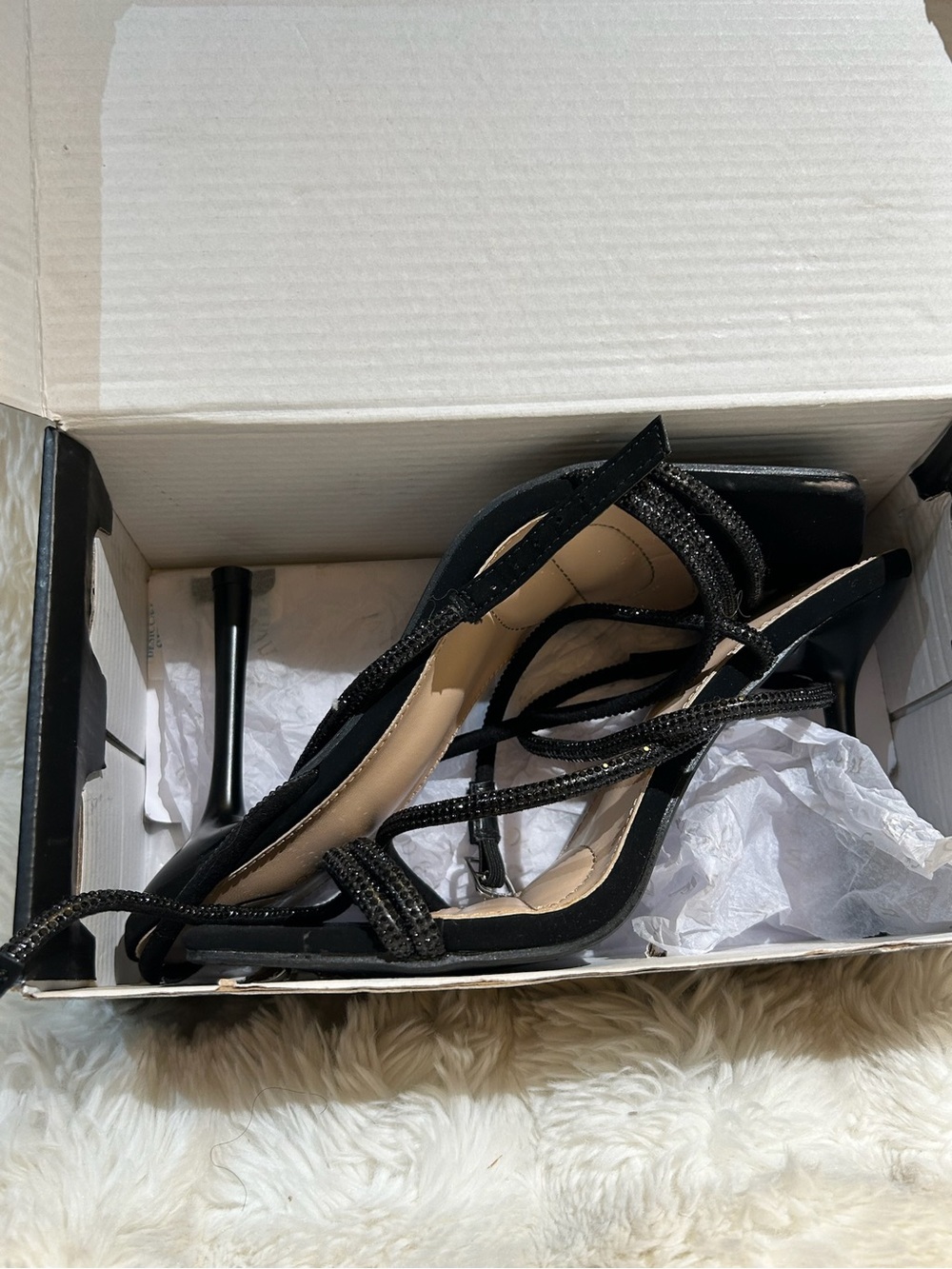 Windsor Black Strappy Stiletto Heels with Rhinestone Detail